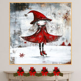 Whimsical Christmas Witch Ice Skating Print – Gothic Red Dress Winter Fairy Art, Magical Holiday Wall Decor, Snowy Enchanted Scene for Nursery or Gift on Ready to Hang 1.5" Thick Canvas Wrap, Floating Framed Canvas, Flat Rolled Canvas